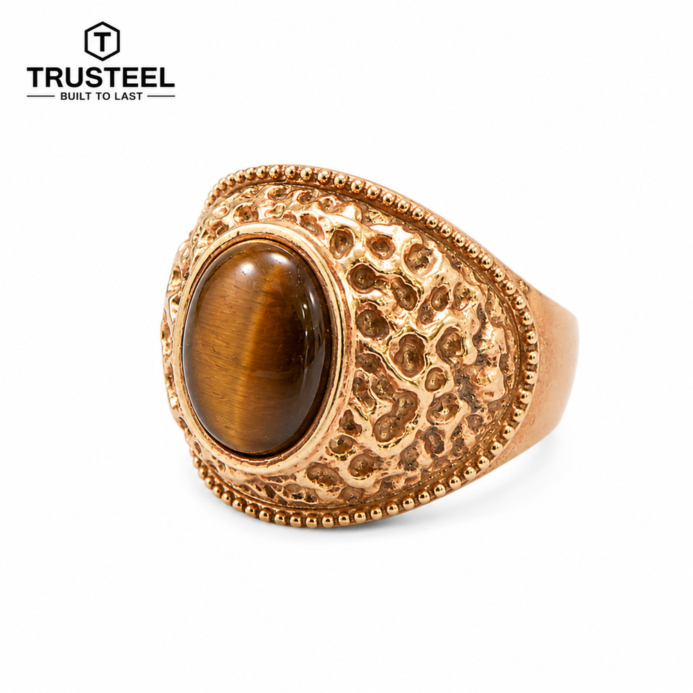 Vintage Tiger Eye Signet Ring Gold Tone Stainless Steel Statement Ring size 17
